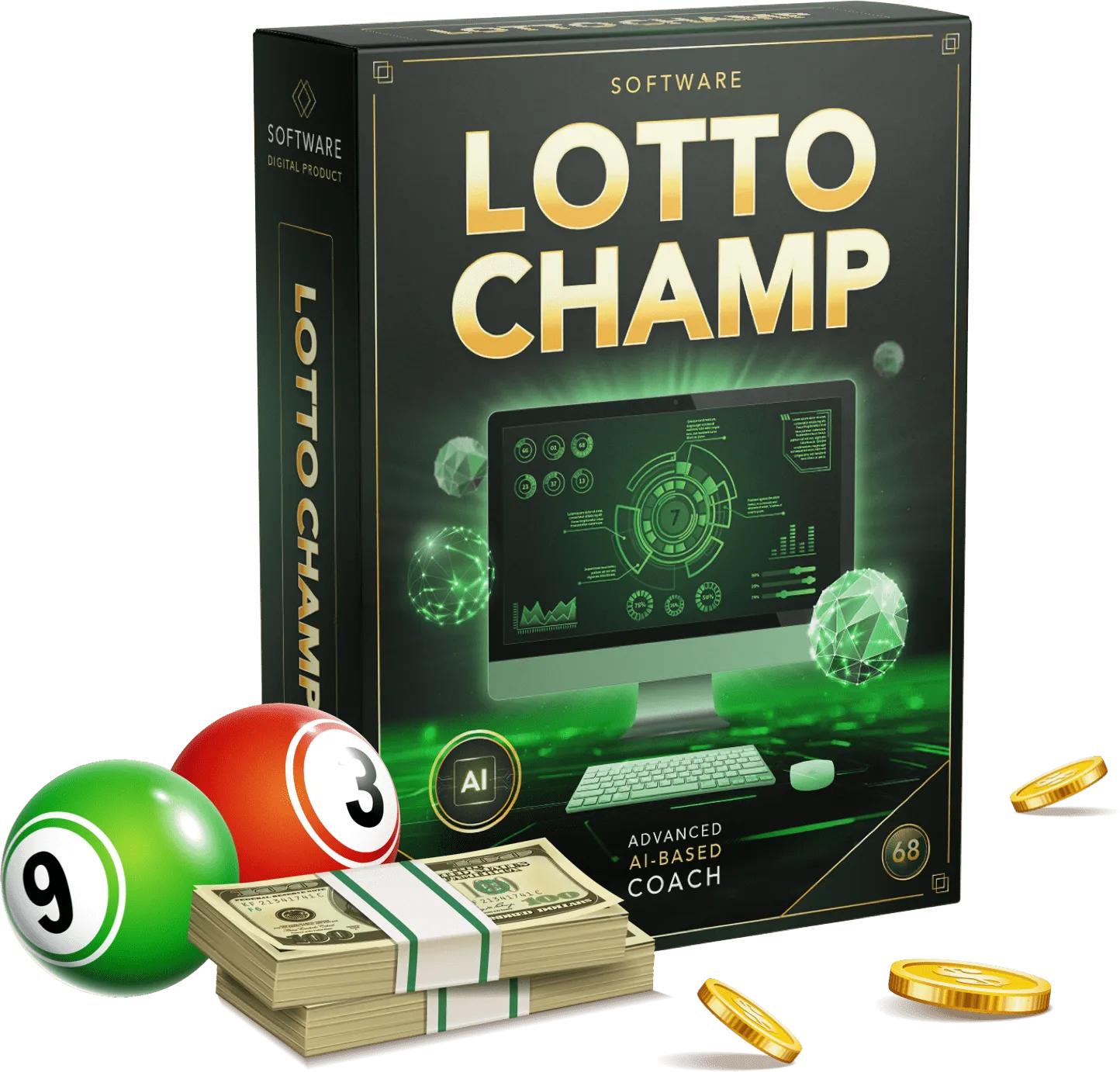 LottoChamp AI lottery prediction software box and dashboard preview